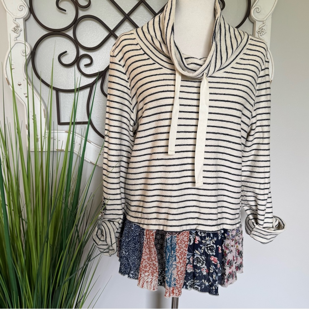 JOHN MARK Size Medium Striped Cowl Neck Blouse Top with Unique Hemline
